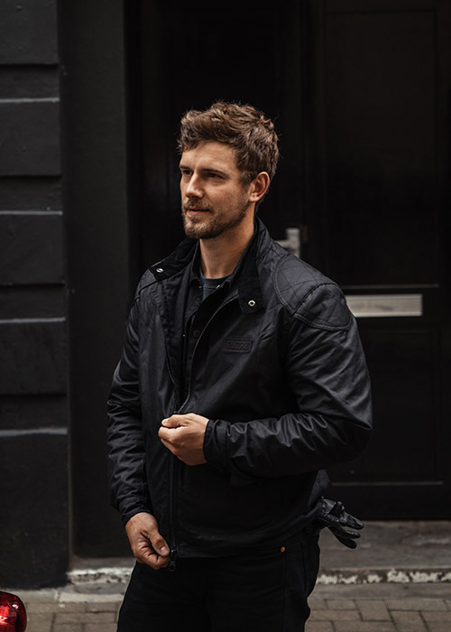 Ethan Roach wears the Barbour International AW21 Tourer Collection