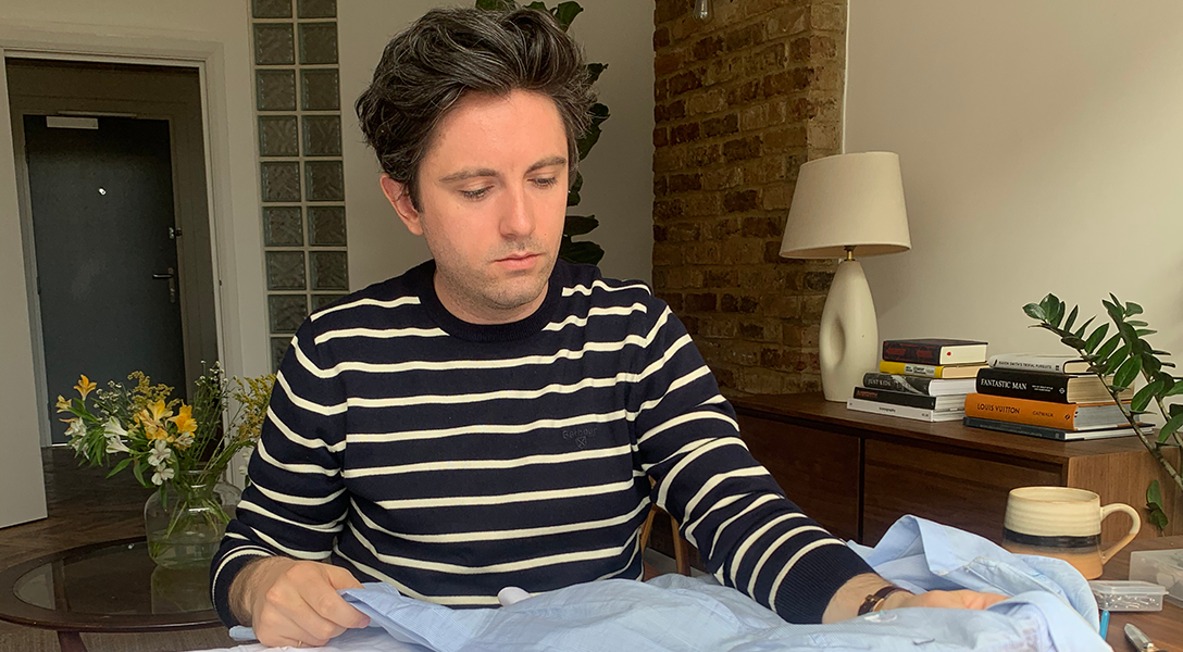 Daniel W. Fletcher Wears the Barbour Bight Striped Sweater in Navy as he creates a new Shirt from Barbour Shirts